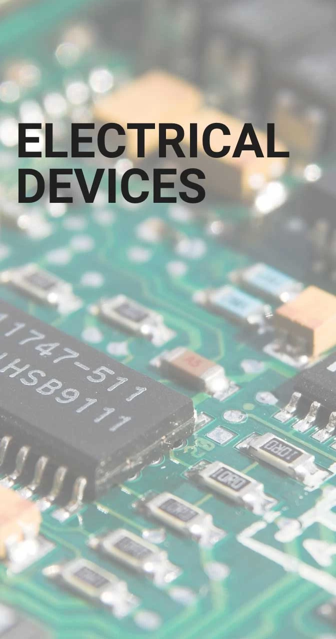 graphic reads: electrical devices - gas sensors, wave guides, thermocouples, solenoid assemblies, electrical connectors, resonator assemblies, disc drive assemblies, read/write armatures, PCB boards, attenuators, RF amplifiers/converters